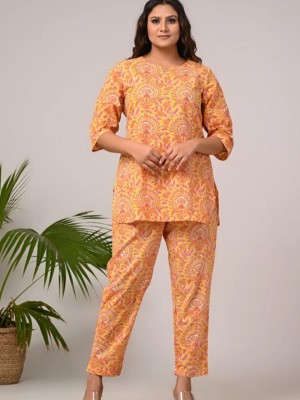 Yellow Floral Block Print Lounge Wear Set Night Suit Dress Pyjama Co Ord Set for Summer Night PJ