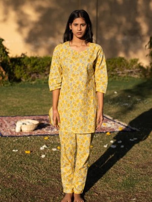 Yellow Floral Block Print Lounge Wear Set Night Suit Dress Pyjama Co Ord PJ Set for Summer Night