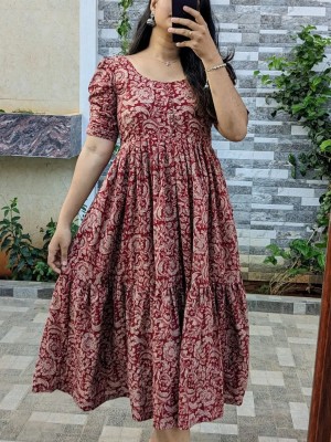 Elsa Red Floral Printed Office Wear Half Sleeves Midi Gown Kurti Dress for Women