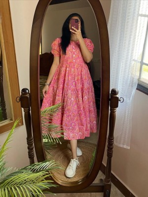 Preety Pink Floral Printed Office Wear Half Sleeves Midi Gown Kurti Dress for Women