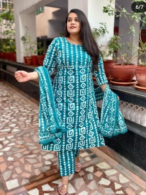 Turquoise Blue Elegant Printed Indian Straight Salwar Kameez Kurti Pant Dupatta Set for Women