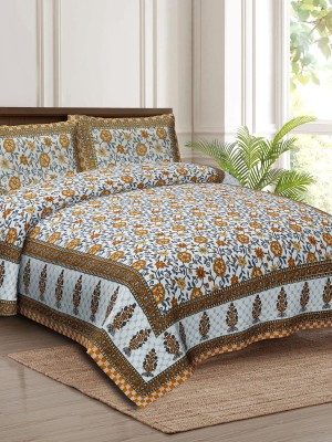 Graceful Floral Block Print Multi Color Cotton Bed Sheet with 2 Pillow Covers - for King Size Bed