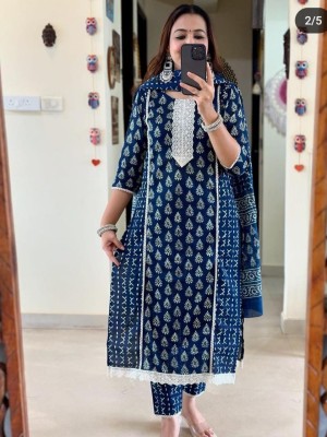 Blue Ethnic Block Printed Indian Straight Salwar Kameez Kurti Pant Dupatta Set for Women