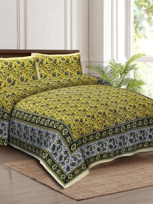 Floral Block Print Multi Color Cotton Bed Sheet with 2 Pillow Covers - for King Size Bed