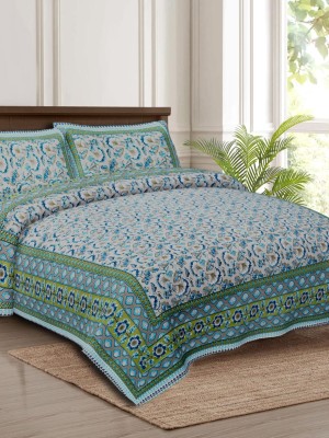 Attractive Floral Block Print Cotton Bed Sheet with 2 Pillow Covers - for King Size Bed