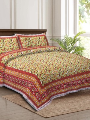 Attractive Floral Block Print Cotton Bed Sheet with 2 Pillow Covers - for King Size Bed