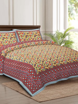 Fancy Floral Block Print Cotton Bed Sheet with 2 Pillow Covers - for King Size Bed