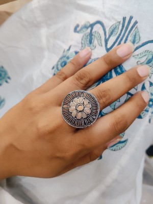 Bohemian Women Indian Stonework Oxidized Silver Round Free Size Finger Ring Ethnic Fashion Jewelry