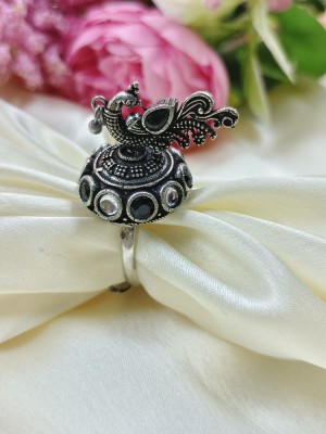 Ethnic Peacock Finger Ring for Women Indian Oxidized Silver Round Adjustable Free Size Brass Fashion Jewelry
