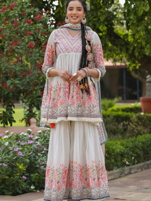 Ivory Embroidered Indian Anarkali Sharara Set Salwar Kameez V Neck Kurti Pant Set Sharara Set Online for Women