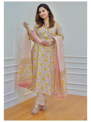 Marigold Floral Printed White Yellow Indian Pakistani Straight Salwar Kameez Kurti Pant Set Kurta Set for Women