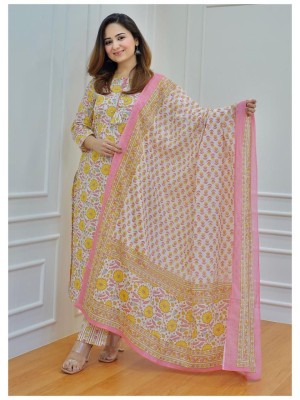 Marigold Floral Printed White Yellow Indian Pakistani Straight Salwar Kameez Kurti Pant Set Kurta Set for Women