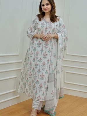 Pushpa White Floral Block Printed Indian Pakistani Straight Salwar Kameez Kurti Pant Set Kurta Set for Women