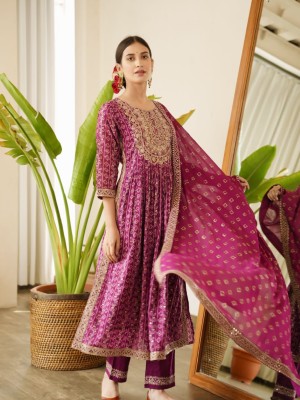 Purple Embroidered Printed Indian Pakistani Naira Cut Salwar Kameez Kurti Pant Dupatta Set Kurta Set Online for Women