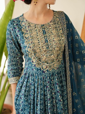 Blue Embroidered Printed Indian Pakistani Naira Cut Salwar Kameez Kurti Pant Dupatta Set Kurta Set Online for Women
