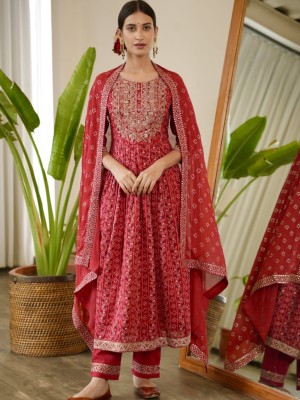 Red Embroidered Printed Indian Pakistani Naira Cut Salwar Kameez Kurti Pant Dupatta Set Kurta Set Online for Women