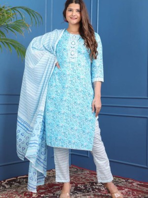 Blue Indian Traditional Straight Salwar Kameez Kurti Pant Set for Women Lace Hand Work