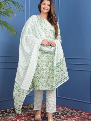 Green Indian Traditional Straight Salwar Kameez Kurti Pant Set for Women Lace Hand Work