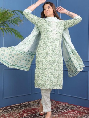 Green Indian Traditional Straight Salwar Kameez Kurti Pant Set for Women Lace Hand Work