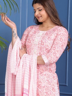 Pink Indian Traditional Straight Salwar Kameez Kurti Pant Set for Women Lace Hand Work