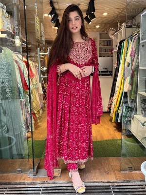 Red Embroidered Naira Cut Indian Pakistani Salwar Kameez Kurti Pant Dupatta Set