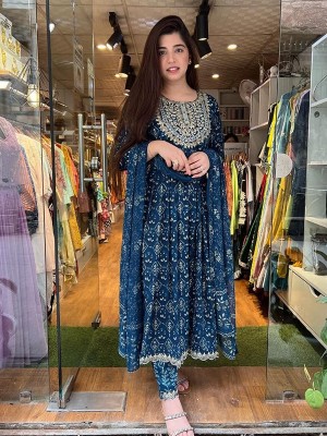 Blue Embroidered Naira Cut Indian Pakistani Salwar Kameez Kurti Pant Dupatta Set