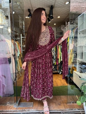 Maroon Embroidered Naira Cut Indian Pakistani Salwar Kameez Kurti Pant Dupatta Set