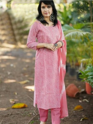 Pink Lehariya Indian Traditional Straight Salwar Kameez Kurti Pant Set for Women