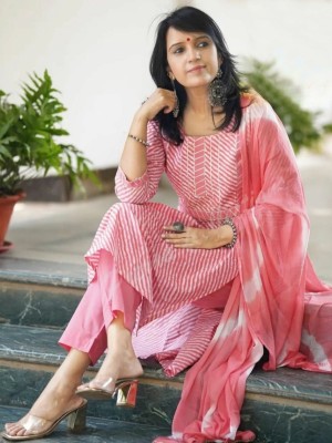 Pink Lehariya Indian Traditional Straight Salwar Kameez Kurti Pant Set for Women