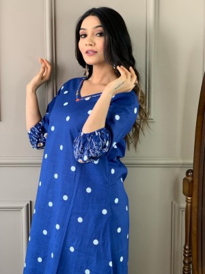 Blue Polka Dot Middi Gown Frock Style A-Line Kurti Embroidered Summer Travel Wear Dress for Women
