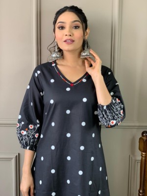 Black Polka Dot  Middi Gown Frock Style A-Line Kurti Embroidered Summer Travel Wear Dress for Women