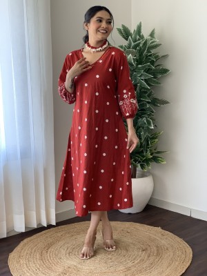 Red Polka Dot Middi Gown Frock Style A-Line Kurti Embroidered Summer Travel Wear Dress for Women