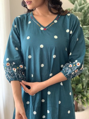 Denim Blue Polka Dot Middi Gown Frock Style A-Line Kurti Embroidered Summer Travel Wear Dress for Women