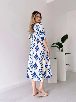 Blue Printed Middi Gown Frock Style Kurti Summer Travel Wear Dress for Women
