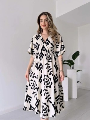Black Printed Middi Gown Frock Style Kurti Summer Travel Wear Dress for Women