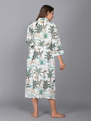 Cotton Jungle Print White Women Long Kimono Robes Hippie Boho Bathrobe Maxi Floral Cotton Nightwear Robe Dress