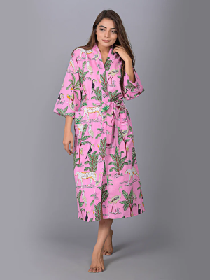 Cotton Jungle Print Light Pink Women Long Kimono Robes Hippie Boho Bathrobe Maxi Floral Cotton Nightwear Robe Dress