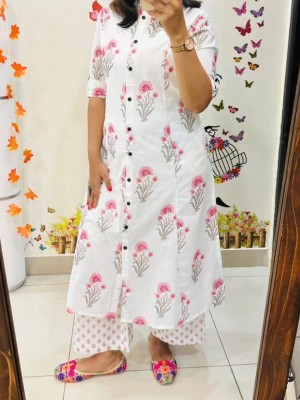Pink Print White Floral Cotton Aline Salwar Kameez Suit Dress Kurti Pant Set