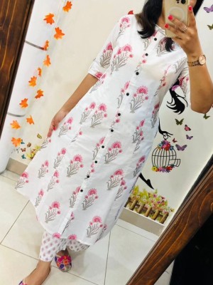 Pink Print White Floral Cotton Aline Salwar Kameez Suit Dress Kurti Pant Set