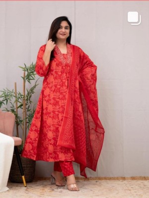 Red Floral Printed V Neck Indian Anarkali Salwar Kameez Frock Style Kurti Pant Dupatta Suit Set for Women