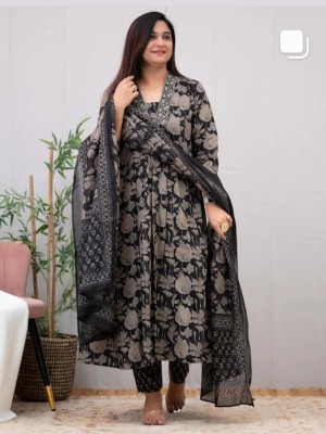 Black Floral Printed V Neck Indian Anarkali Salwar Kameez Frock Style Kurti Pant Dupatta Suit Set for Women