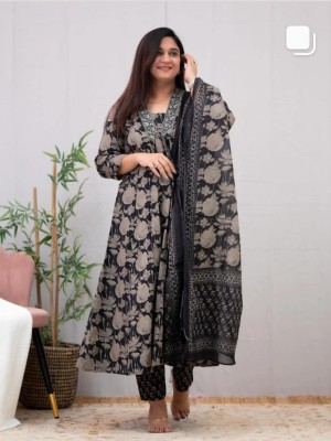 Black Floral Printed V Neck Indian Anarkali Salwar Kameez Frock Style Kurti Pant Dupatta Suit Set for Women