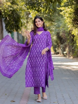 Aayat Purple Indian Straight Salwar Kameez Dabu Print Kurti Pant Dupatta Set for Women