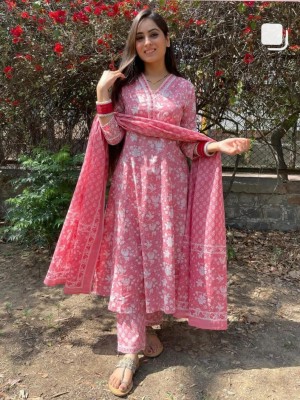 Pink Floral Block Printed V Neck Indian Anarkali Salwar Kameez Frock Style Kurti Pant Dupatta Suit Set for Women