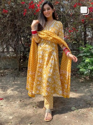 Yellow Floral Block Printed V Neck Indian Anarkali Salwar Kameez Frock Style Kurti Pant Dupatta Suit Set for Women