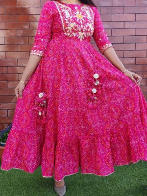 Rani Pink Floral Bandhej Printed Frock Style Anarkali Kurti Dress for Women
