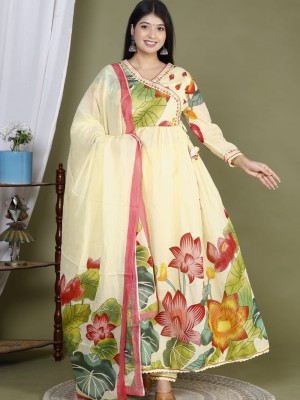 Yellow Women Flared Angrakha Frock Style Anarkali Kurta Kurti Pant Dupatta Set Dress Floral Printed Gown