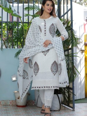 Shabina White Chikankari Schiffli Indian Straight Salwar Kameez Kurti Pant Dupatta Set for Women