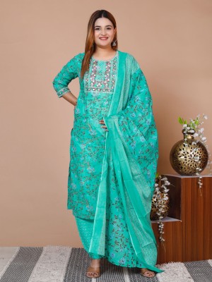 Pallavi Turquoise Green Embroidered Indian Traditional Straight Salwar Kameez Kurti Pant Dupatta Set for Women