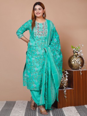 Pallavi Turquoise Green Embroidered Indian Traditional Straight Salwar Kameez Kurti Pant Dupatta Set for Women